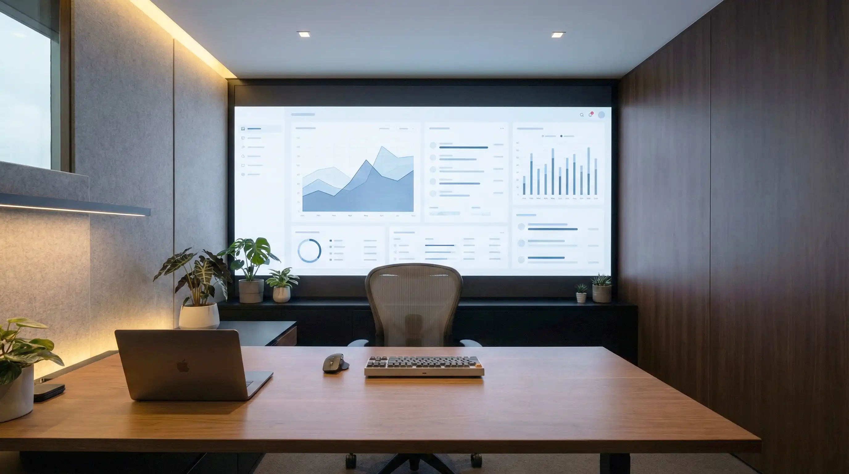 LightUpLA Home Office - Modern home office with professional LED command center display