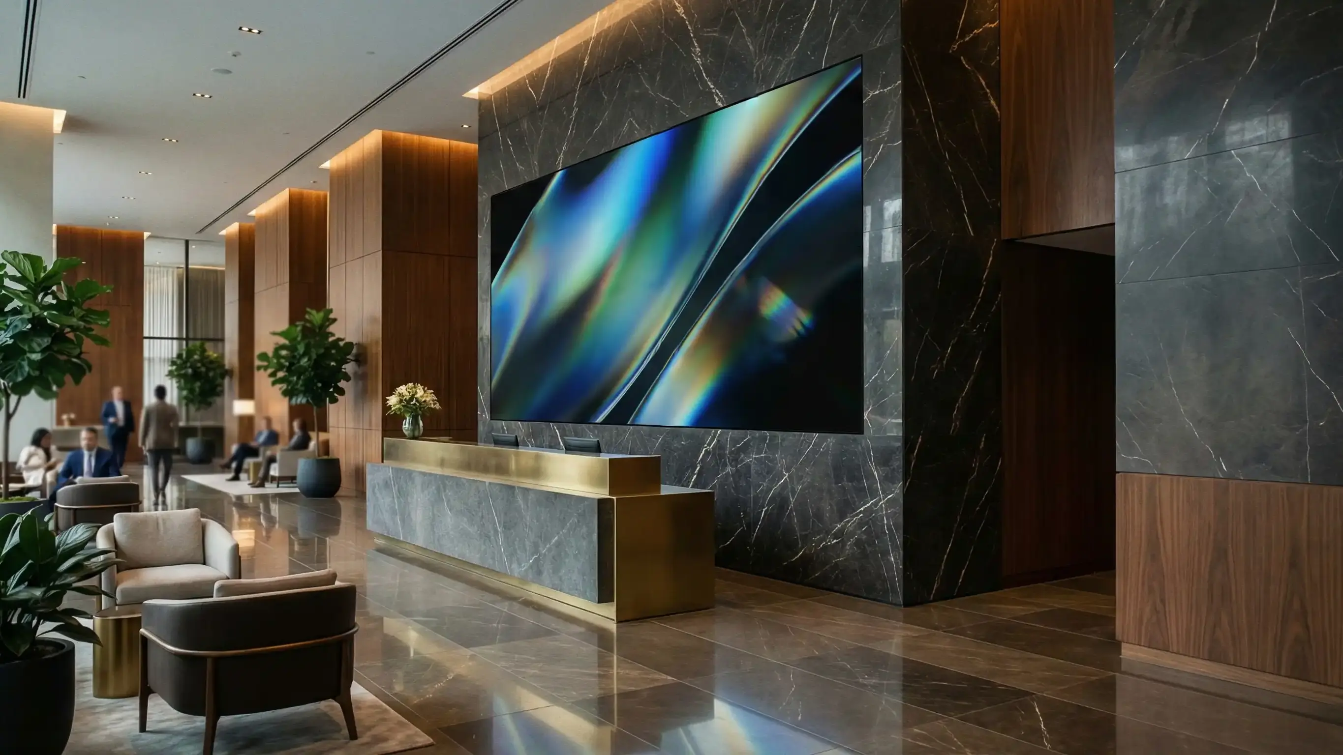 LightUpLA Hotels - Luxury hotel lobby with integrated LED display system